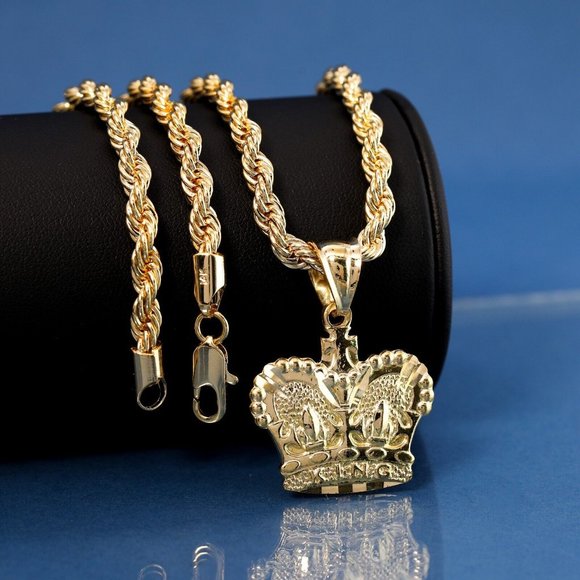 King 14k Crown Stamped Pendant + Necklace